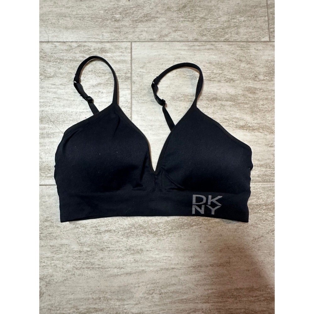DKNY Bralette Women M Black Seamless‎ Wireless V-Neck Adjustable Strap Logo 7340